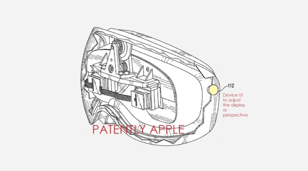 A patent filing for a wearable headset with a dial labelled as 'Device UI to adjust the display or perspective'